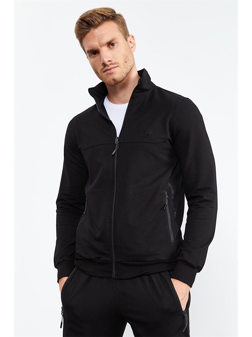 Siyah Standart Kalıp Dik Yaka Erkek Eşofman Takımı-5