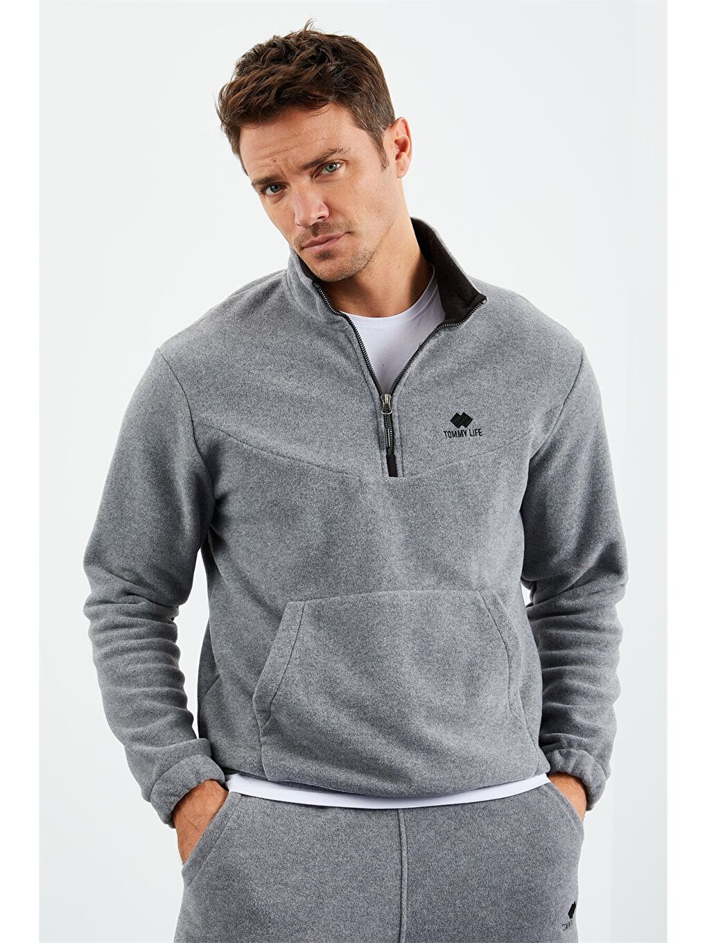 Gri Standart Kalıp Dik Yaka Erkek Eşofman Takımı-2