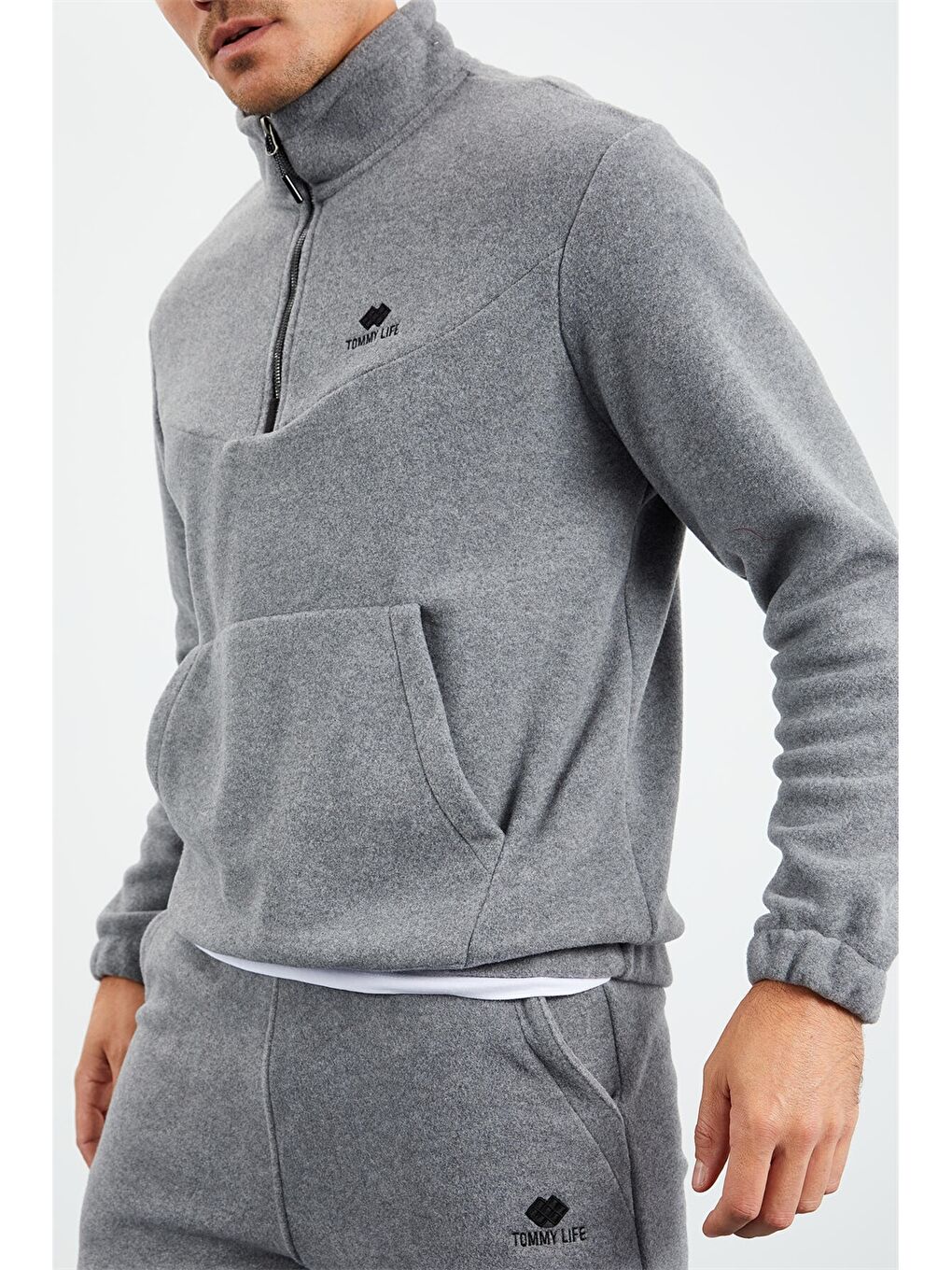 Gri Standart Kalıp Dik Yaka Erkek Eşofman Takımı-7