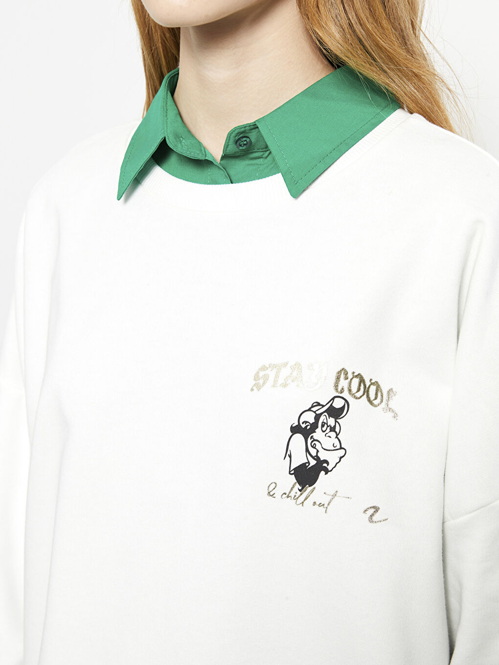 Ekru Bisiklet Yaka Nostaljik Maymun Baskılı Uzun Kollu Kadın Sweatshirt-7