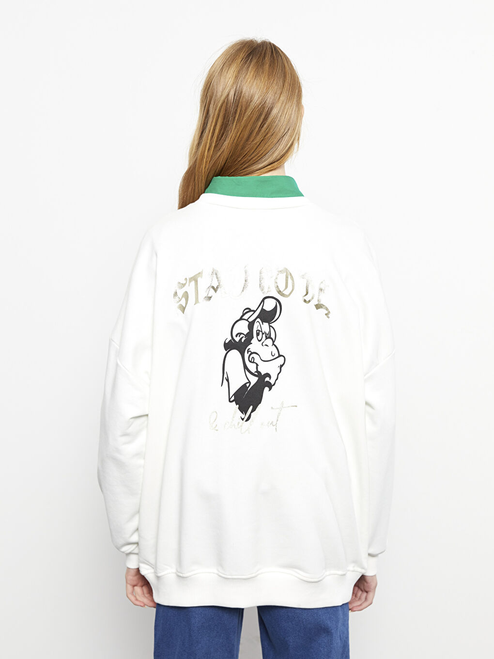 Ekru Bisiklet Yaka Nostaljik Maymun Baskılı Uzun Kollu Kadın Sweatshirt-9