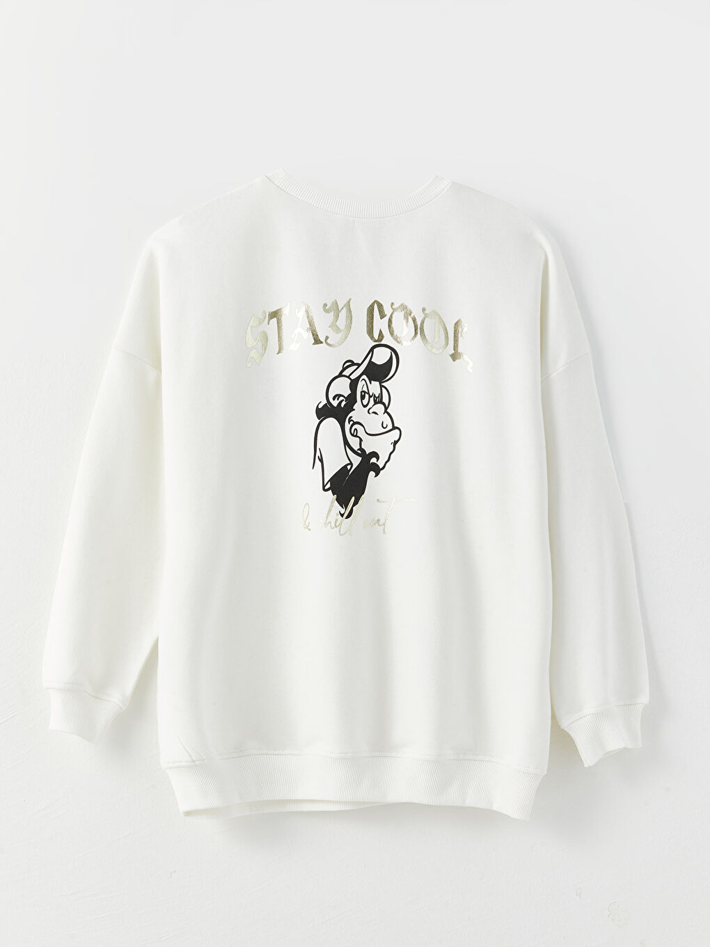 Ekru Bisiklet Yaka Nostaljik Maymun Baskılı Uzun Kollu Kadın Sweatshirt-15