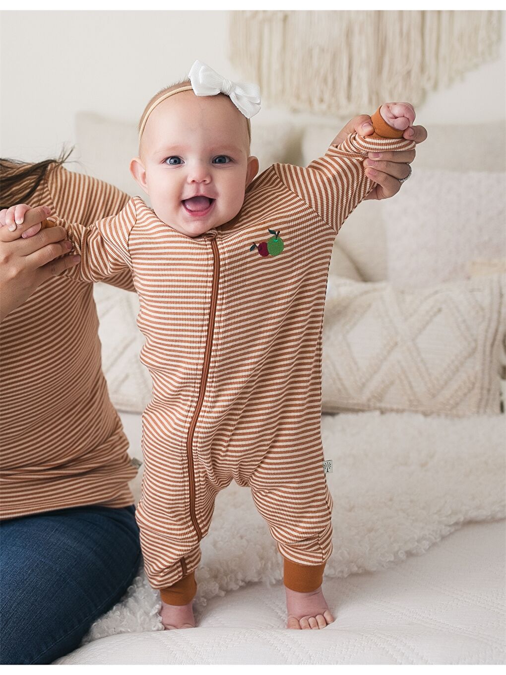 Kahverengi Bisiklet Yaka Uzun Kollu Organik Pamuklu Unisex Bebek Tulum