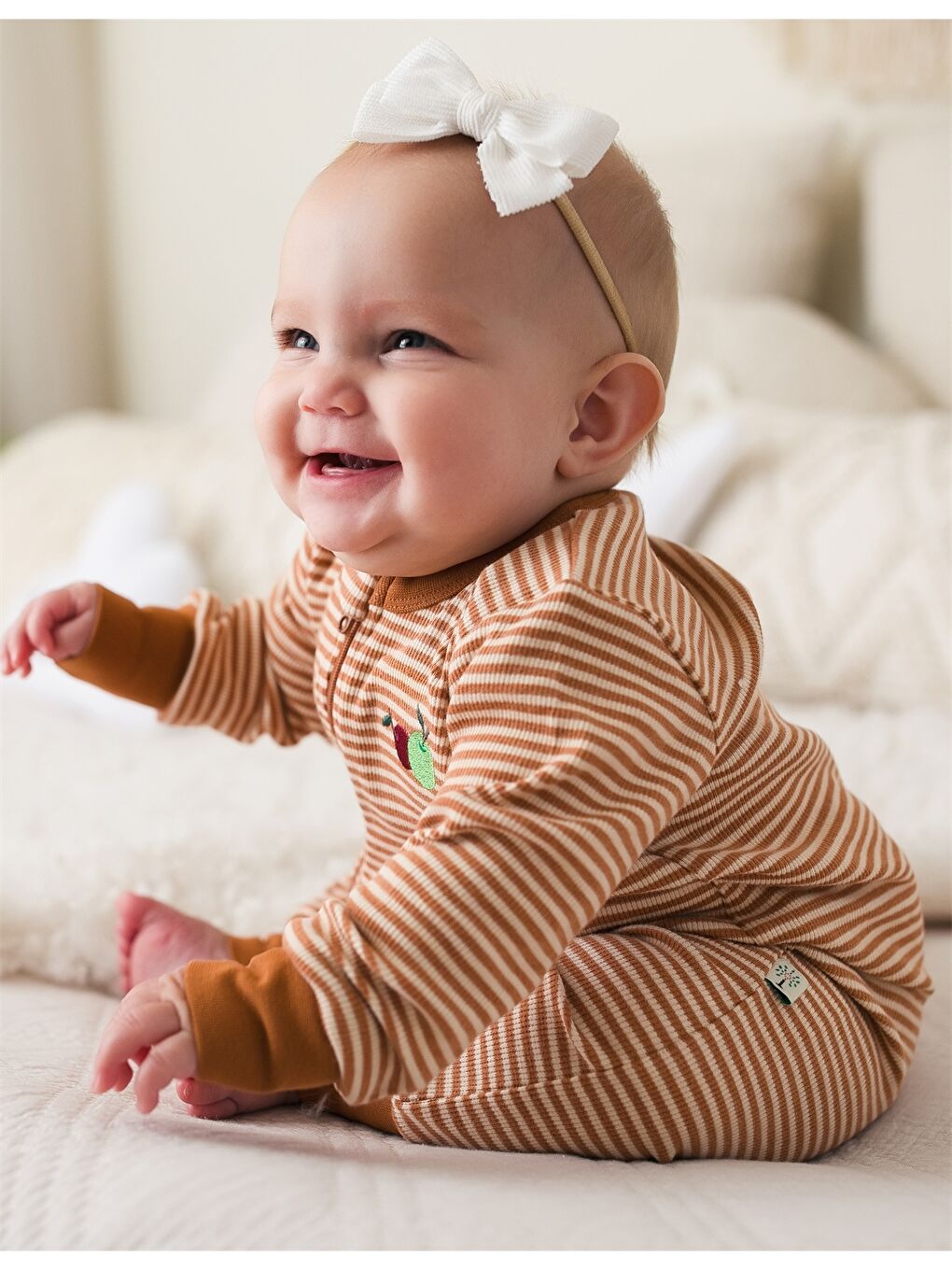 Kahverengi Bisiklet Yaka Uzun Kollu Organik Pamuklu Unisex Bebek Tulum-2