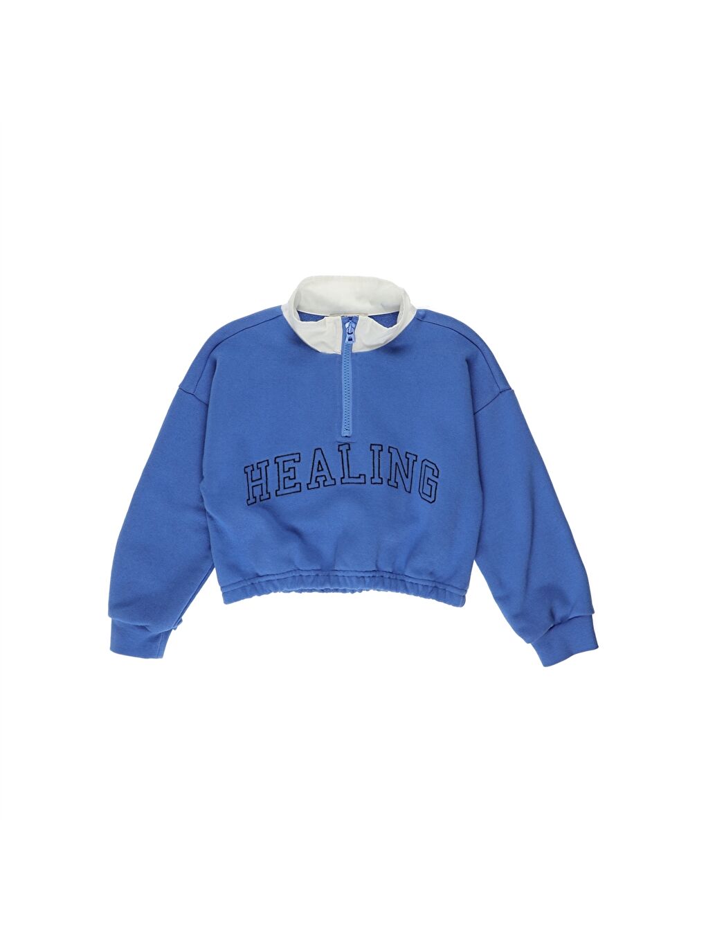 Mavi Dik Yaka Baskılı Uzun Kollu Kız Çocuk Sweatshirt