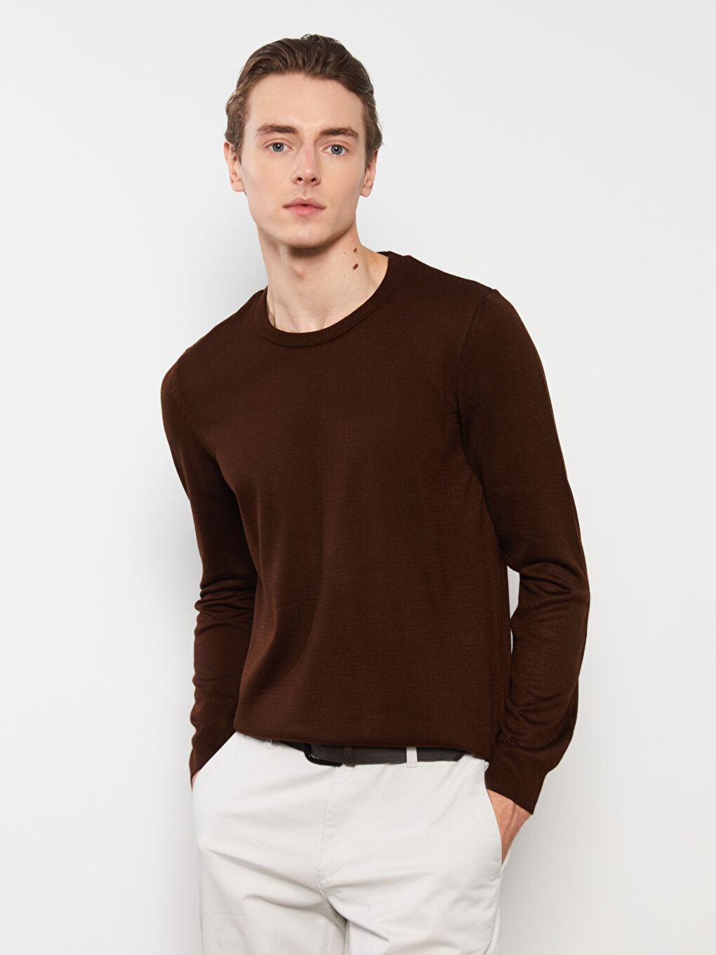 بلوفر تريكو كم طويل بياقة دائرية للرجال