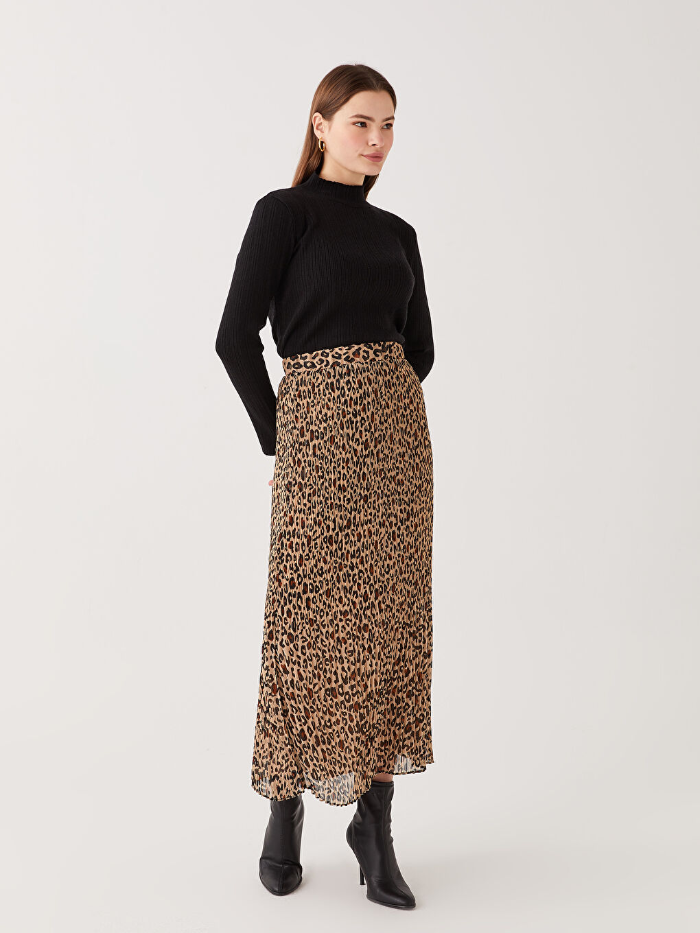 Kahverengi Beli Lastikli Desenli Kadın Pilise Etek-1