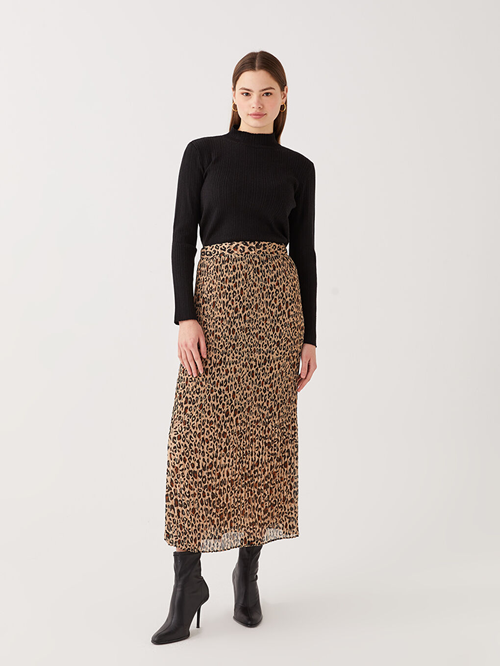 Kahverengi Beli Lastikli Desenli Kadın Pilise Etek-3