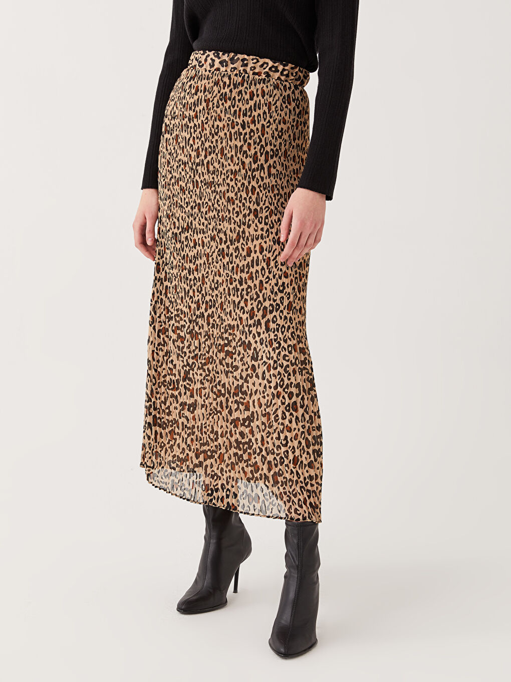 Kahverengi Beli Lastikli Desenli Kadın Pilise Etek-4