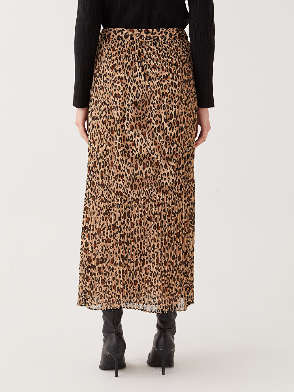 Kahverengi Beli Lastikli Desenli Kadın Pilise Etek-5