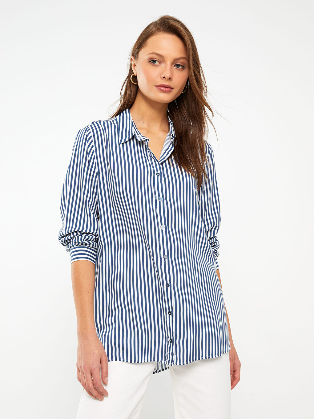 İndigo Çizgili Uzun Kollu Kadın Gömlek-1