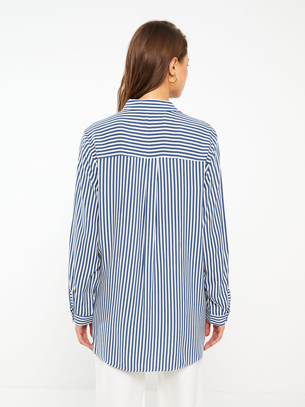 İndigo Çizgili Uzun Kollu Kadın Gömlek-4