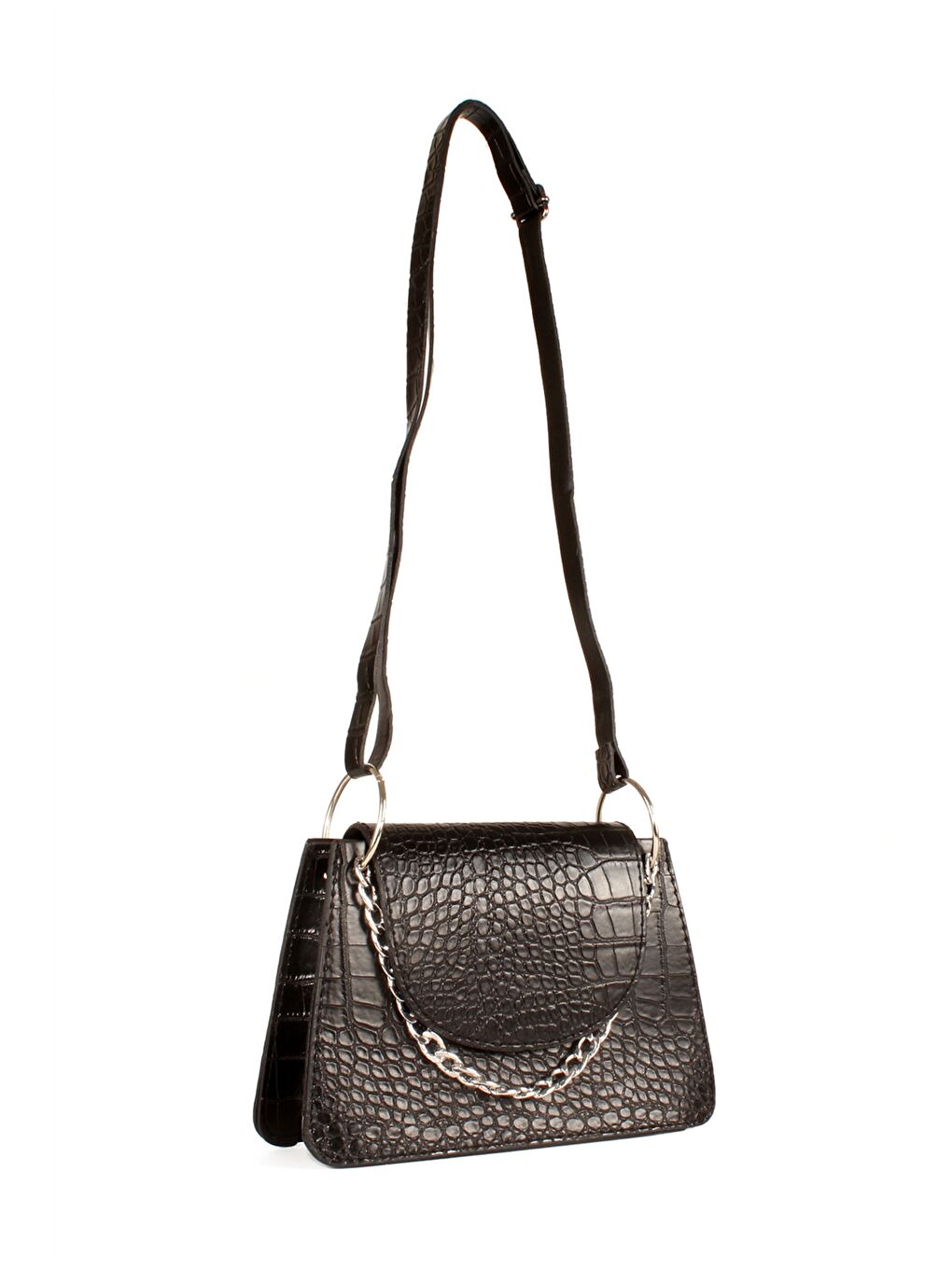 Siyah Deri Görünümlü Kroko Desenli Kadın Omuz Çantası
