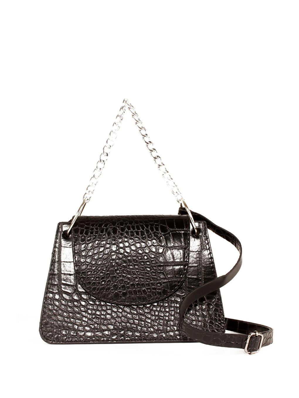 Siyah Deri Görünümlü Kroko Desenli Kadın Omuz Çantası-1