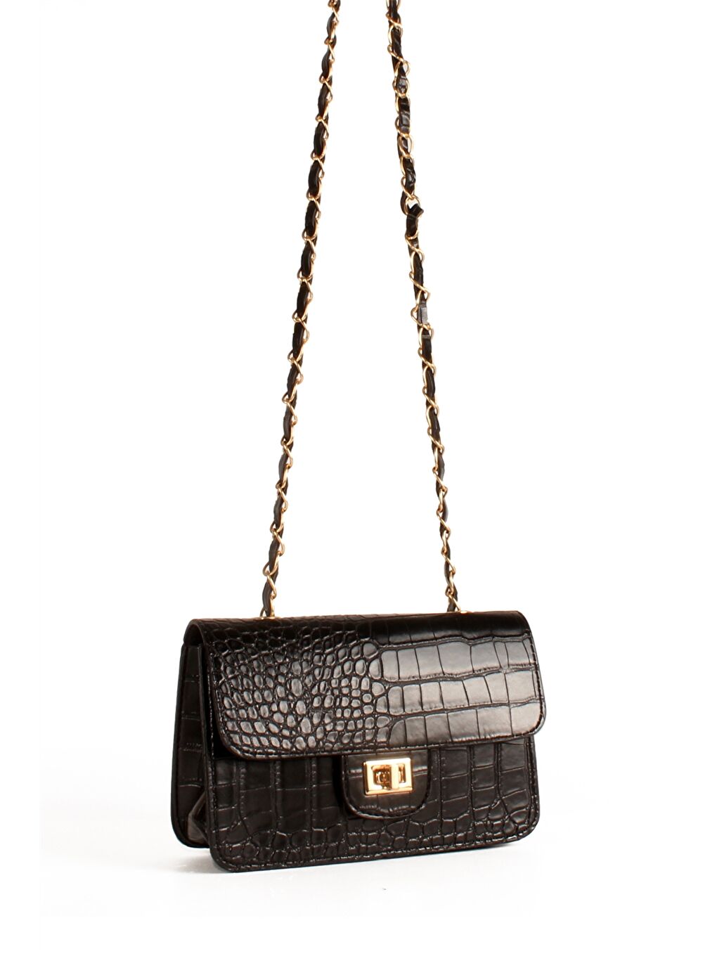 Siyah Deri Görünümlü Kroko Desenli Kadın Çapraz Çanta-1