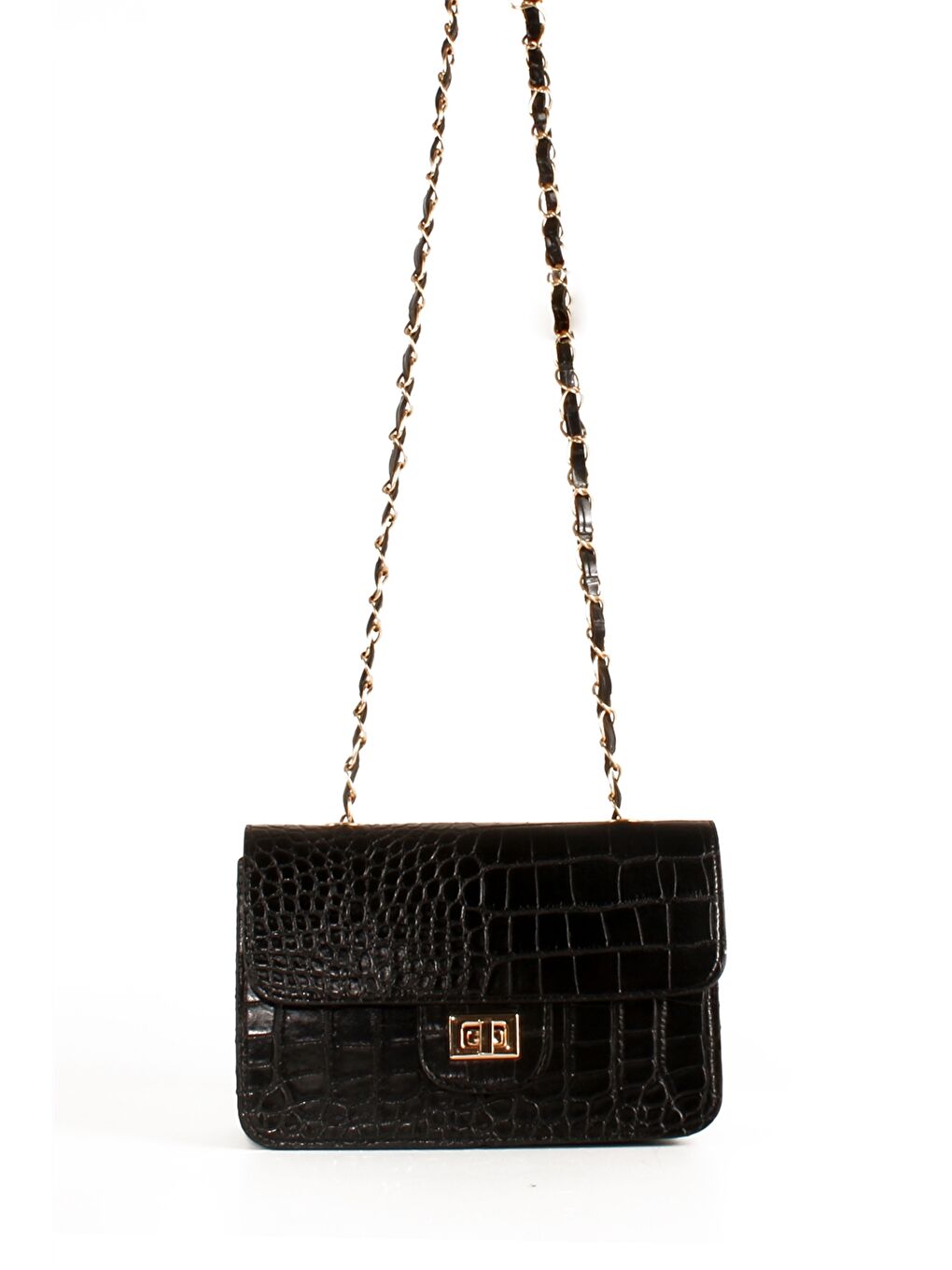Siyah Deri Görünümlü Kroko Desenli Kadın Çapraz Çanta-2