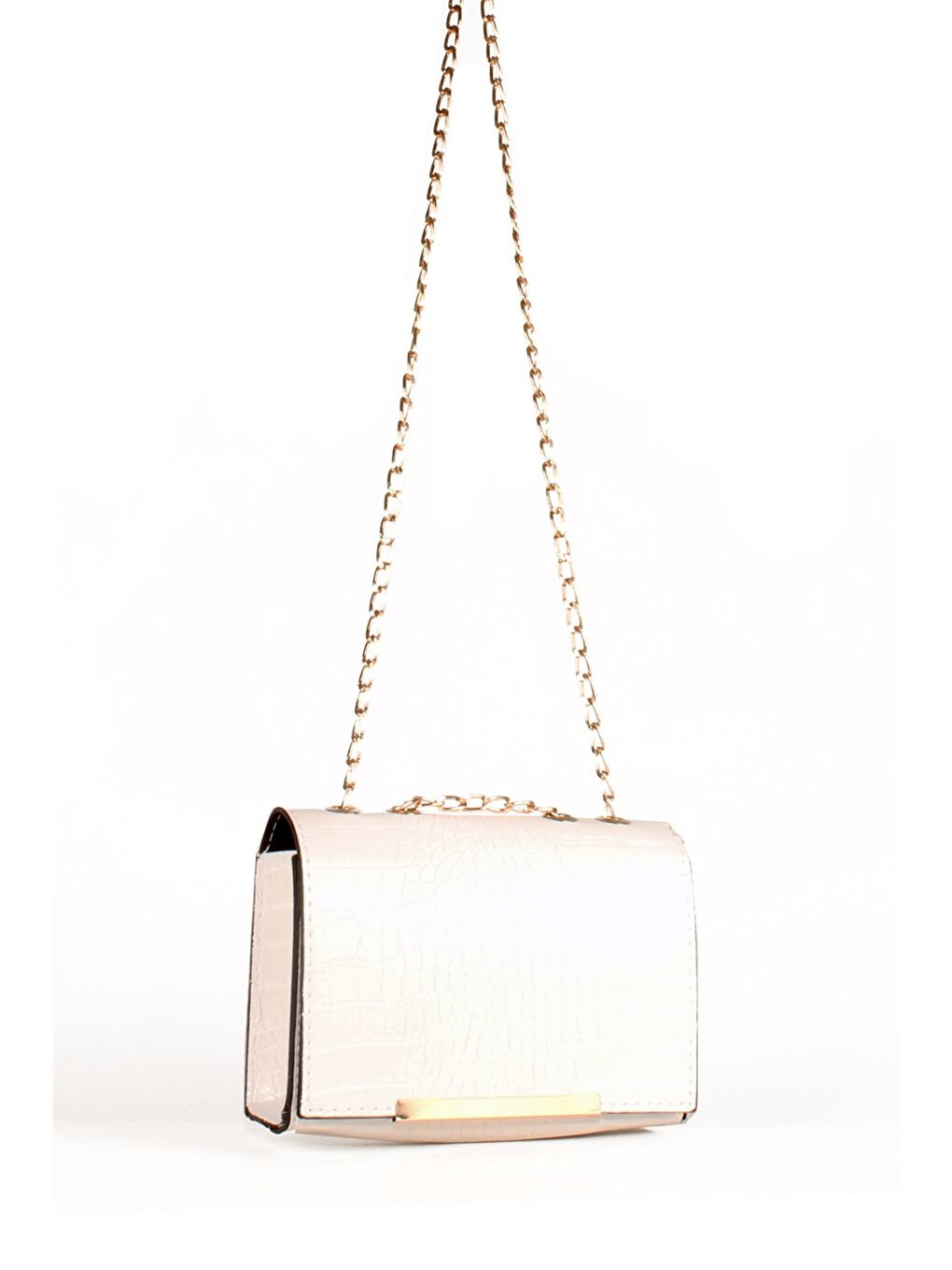 Beyaz Deri Görünümlü Kroko Desenli Kadın Çapraz Çanta-2