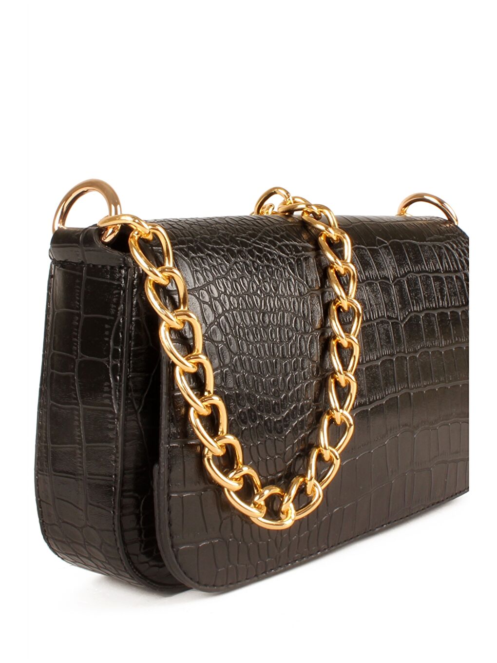 Siyah Deri Görünümlü Kroko Desenli Kadın Baget Çanta-1