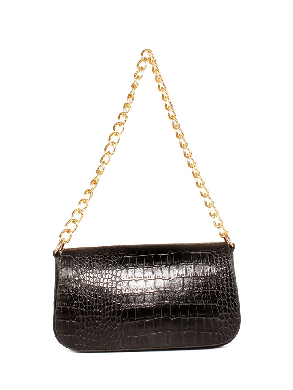 Siyah Deri Görünümlü Kroko Desenli Kadın Baget Çanta-2
