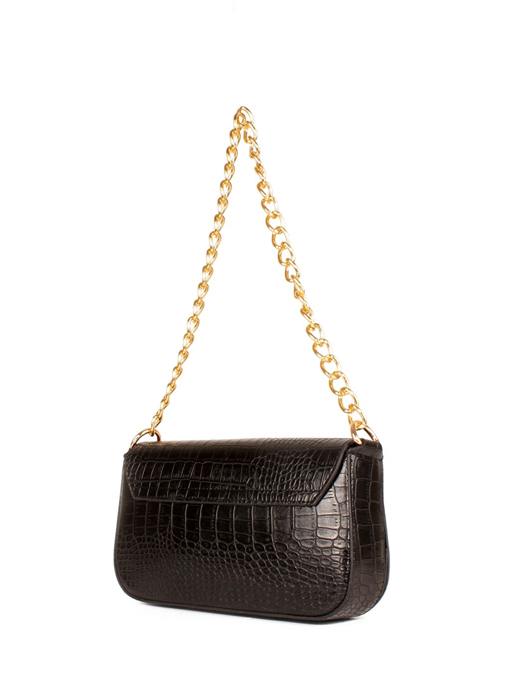Siyah Deri Görünümlü Kroko Desenli Kadın Baget Çanta-4