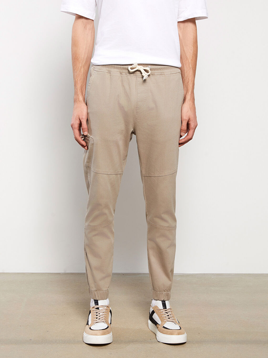 Bej Slim Fit Gabardin Erkek Jogger Pantolon-3