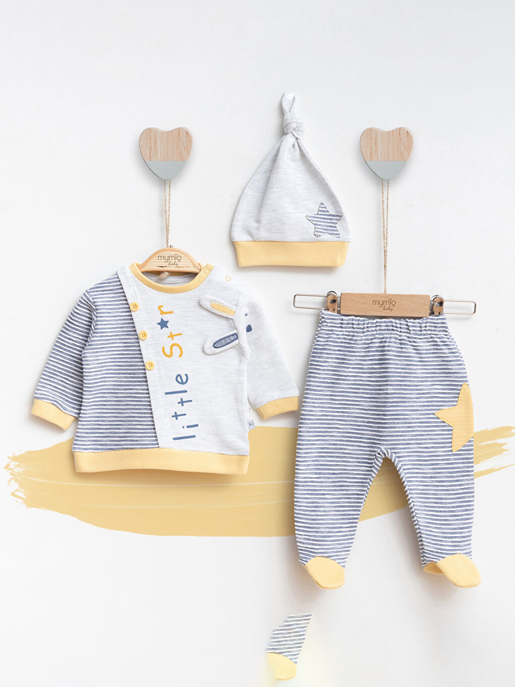 Lacivert Bisiklet Yaka Uzun Kollu Desenli Erkek Bebek 3'lü Takım