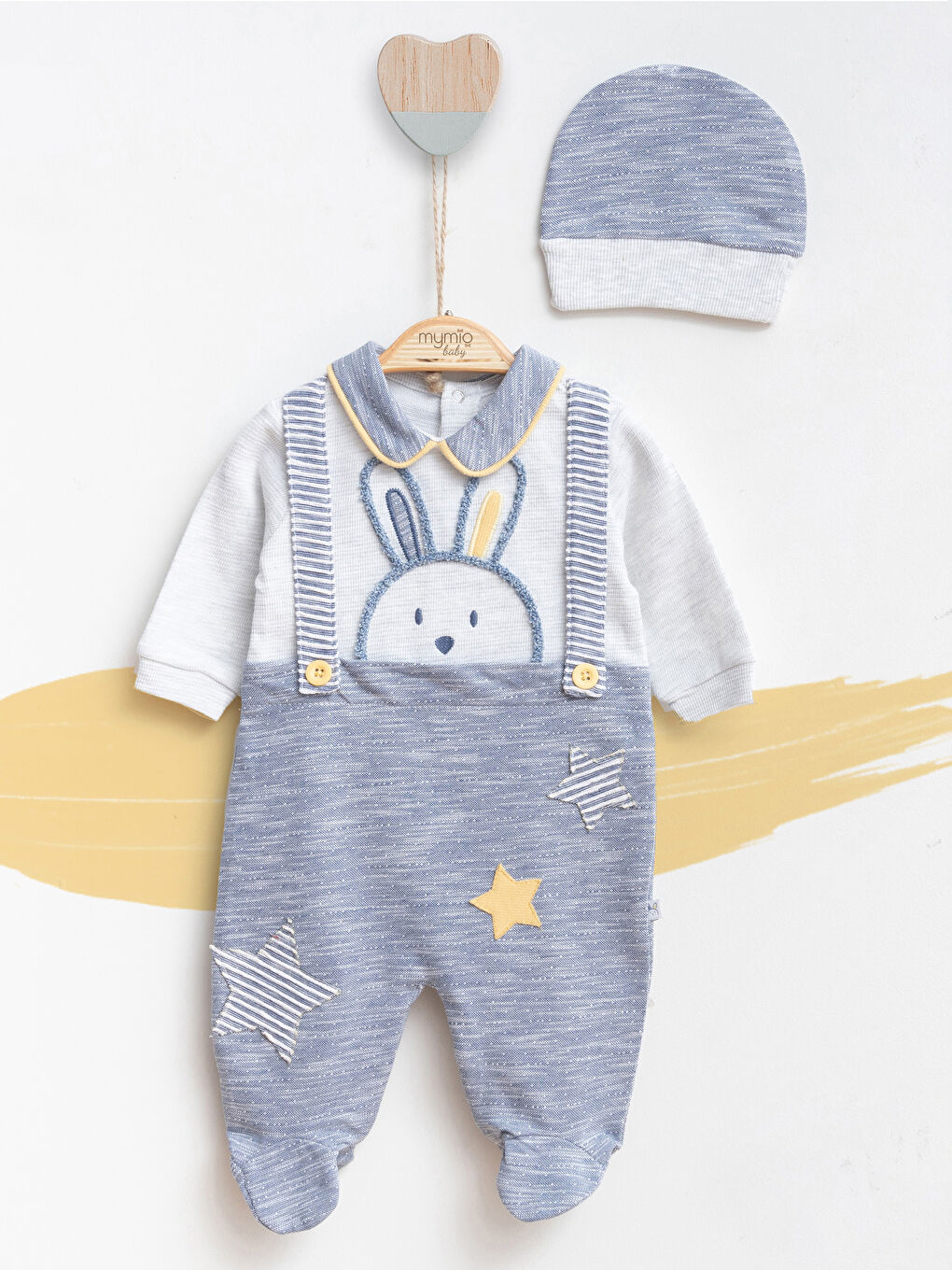 Lacivert Bebe Yaka Uzun Kollu Desenli Erkek Tulum ve Bere 2'li Takım