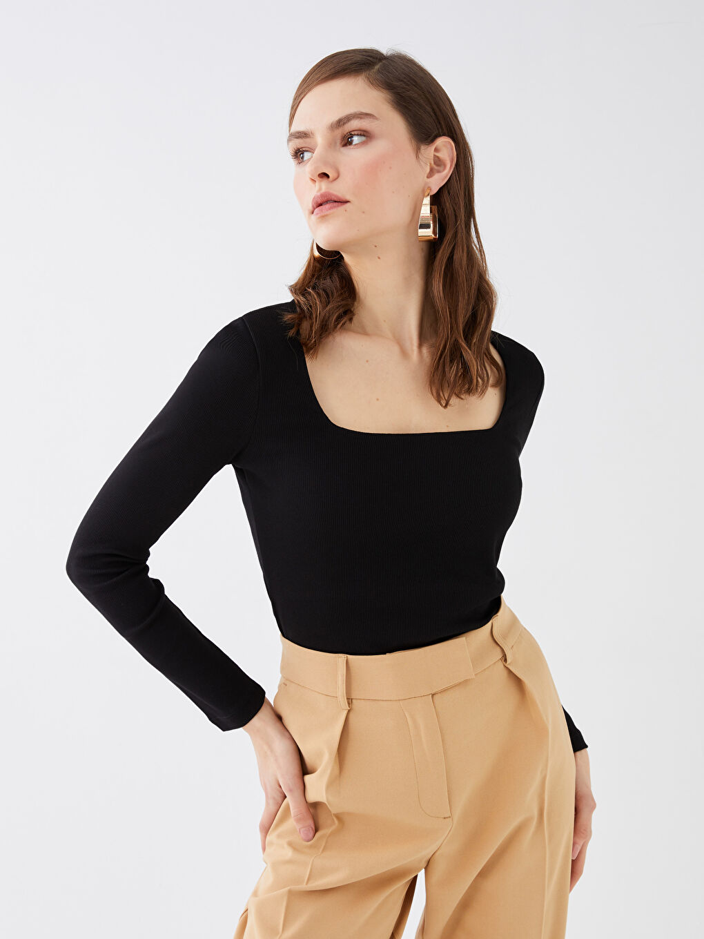 Square Collar Plain Long Sleeve Women's T-Shirt