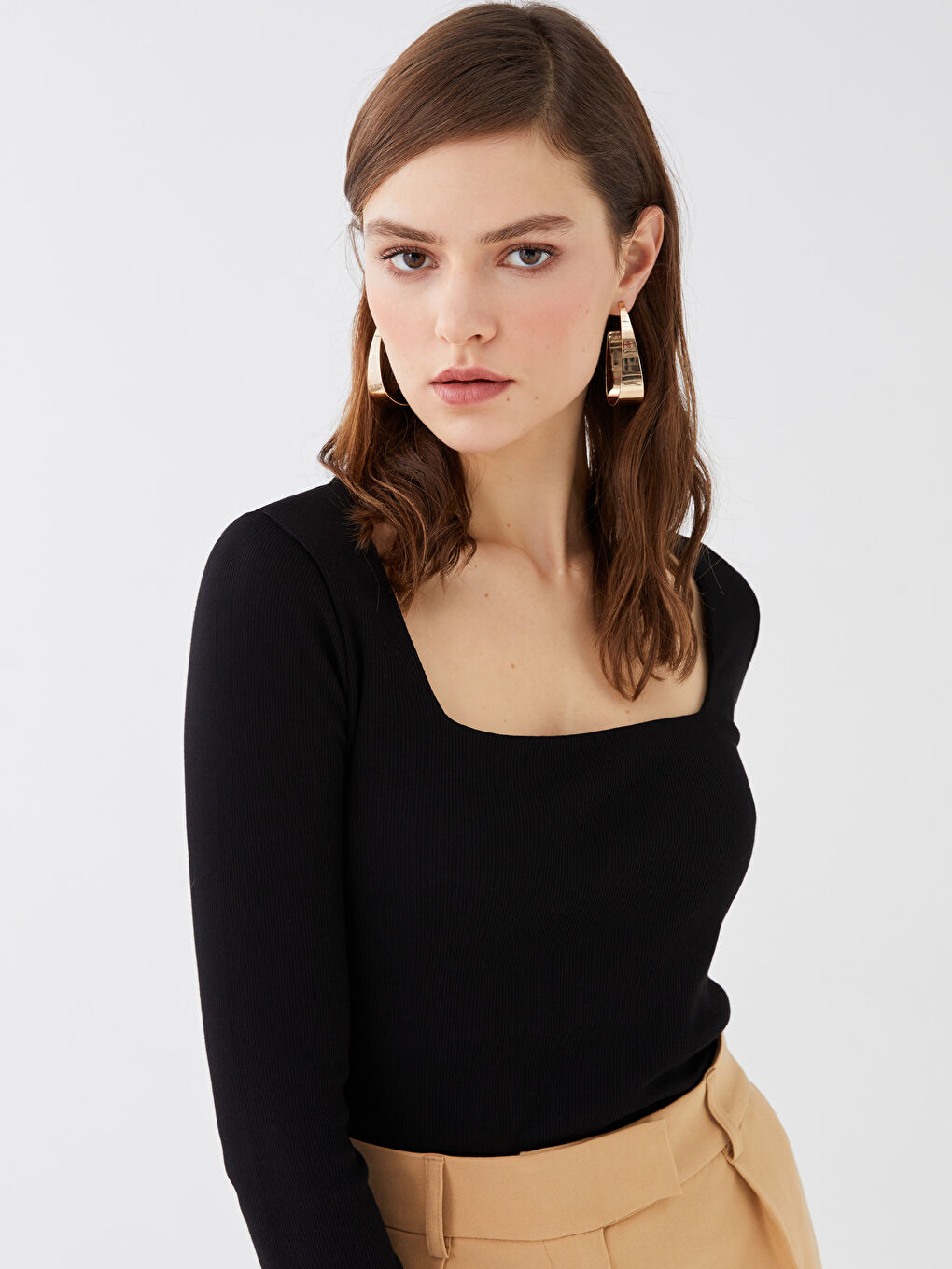 Square Collar Plain Long Sleeve Women's T-Shirt-2