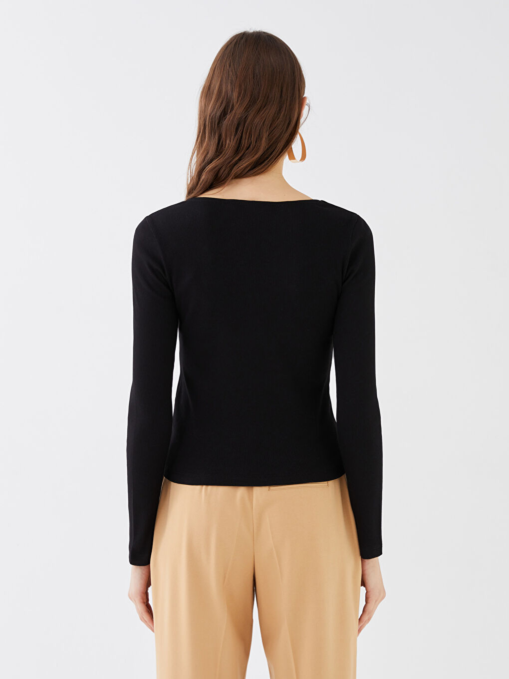 Square Collar Plain Long Sleeve Women's T-Shirt-4