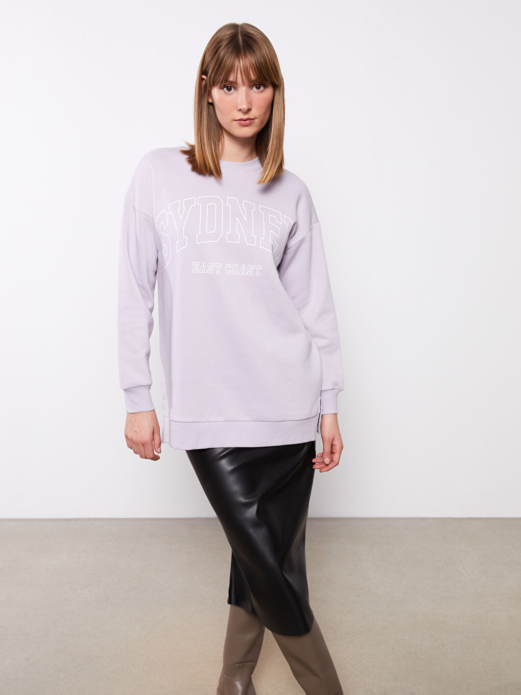 Lila Bisiklet Yaka Baskılı Kadın Kalın Sweatshirt Tunik