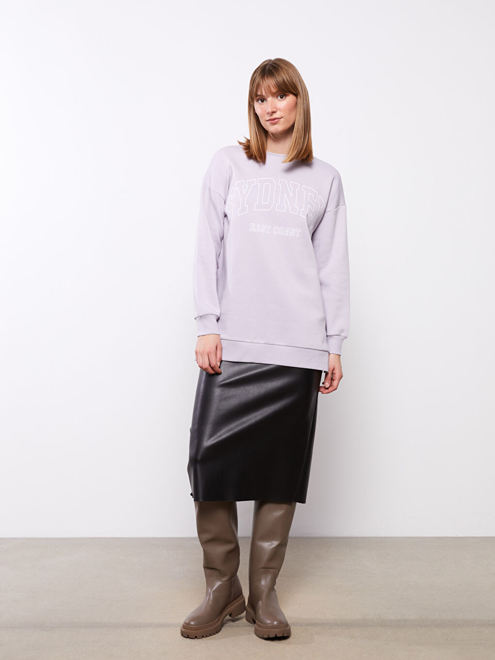 Lila Bisiklet Yaka Baskılı Kadın Kalın Sweatshirt Tunik-2