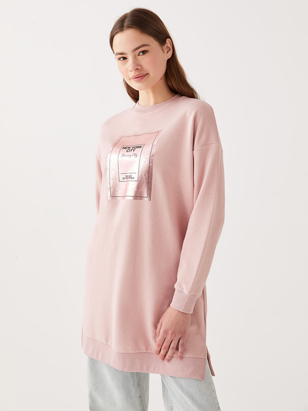 LCW Modest Açık Gülkurusu Bisiklet Yaka Baskılı Uzun Kollu Kadın Sweatshirt Tunik - 1