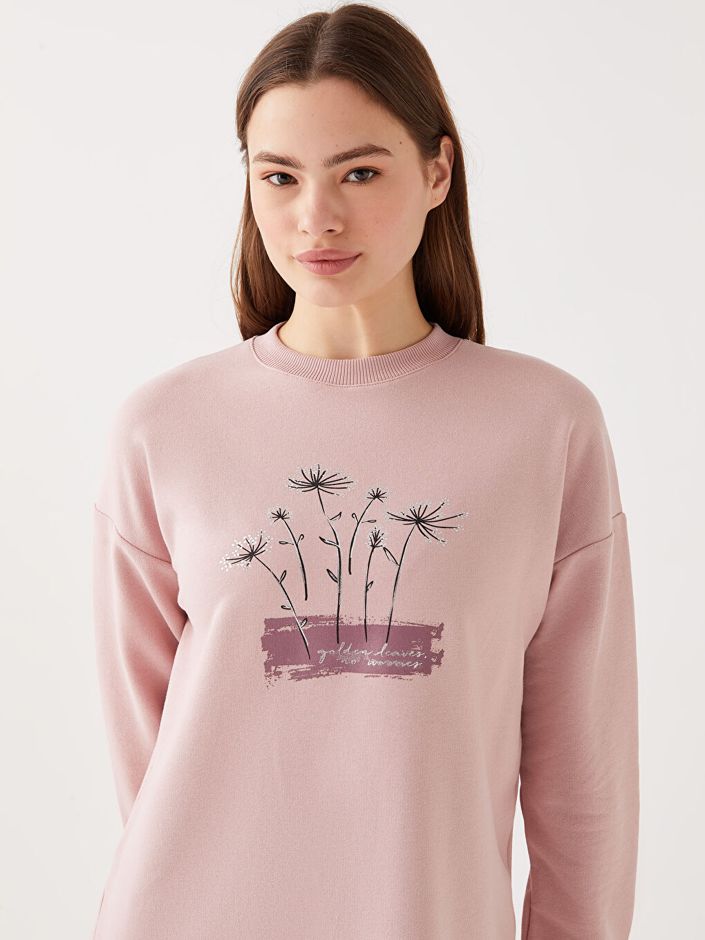 Pembe Bisiklet Yaka Baskılı Uzun Kollu Kadın Sweatshirt Tunik-1