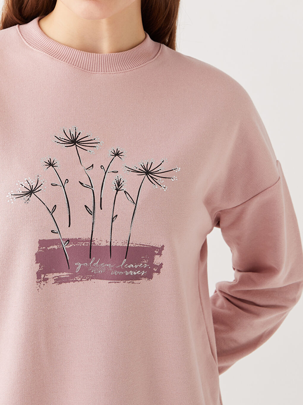 Pembe Bisiklet Yaka Baskılı Uzun Kollu Kadın Sweatshirt Tunik-3