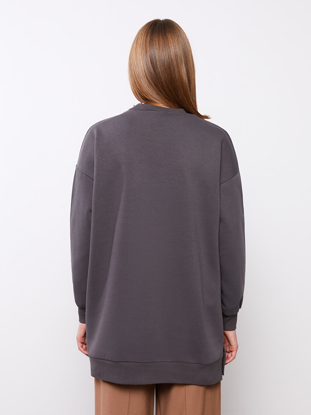 Кръгло деколте Изчистен Овърсайз Суитшърт туника за жени Плътен-3