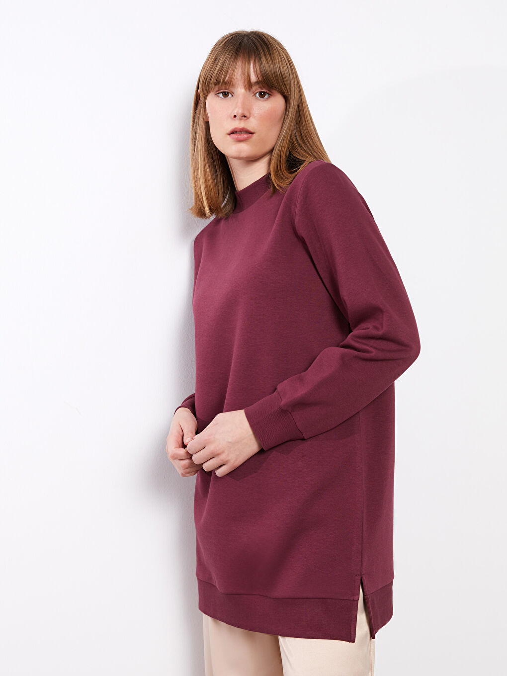 Bordo Dik Yaka Kadın Kalın Sweatshirt Tunik