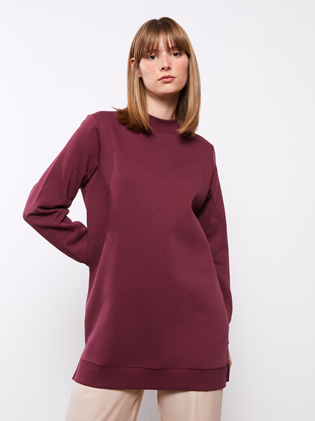 Bordo Dik Yaka Kadın Kalın Sweatshirt Tunik-1