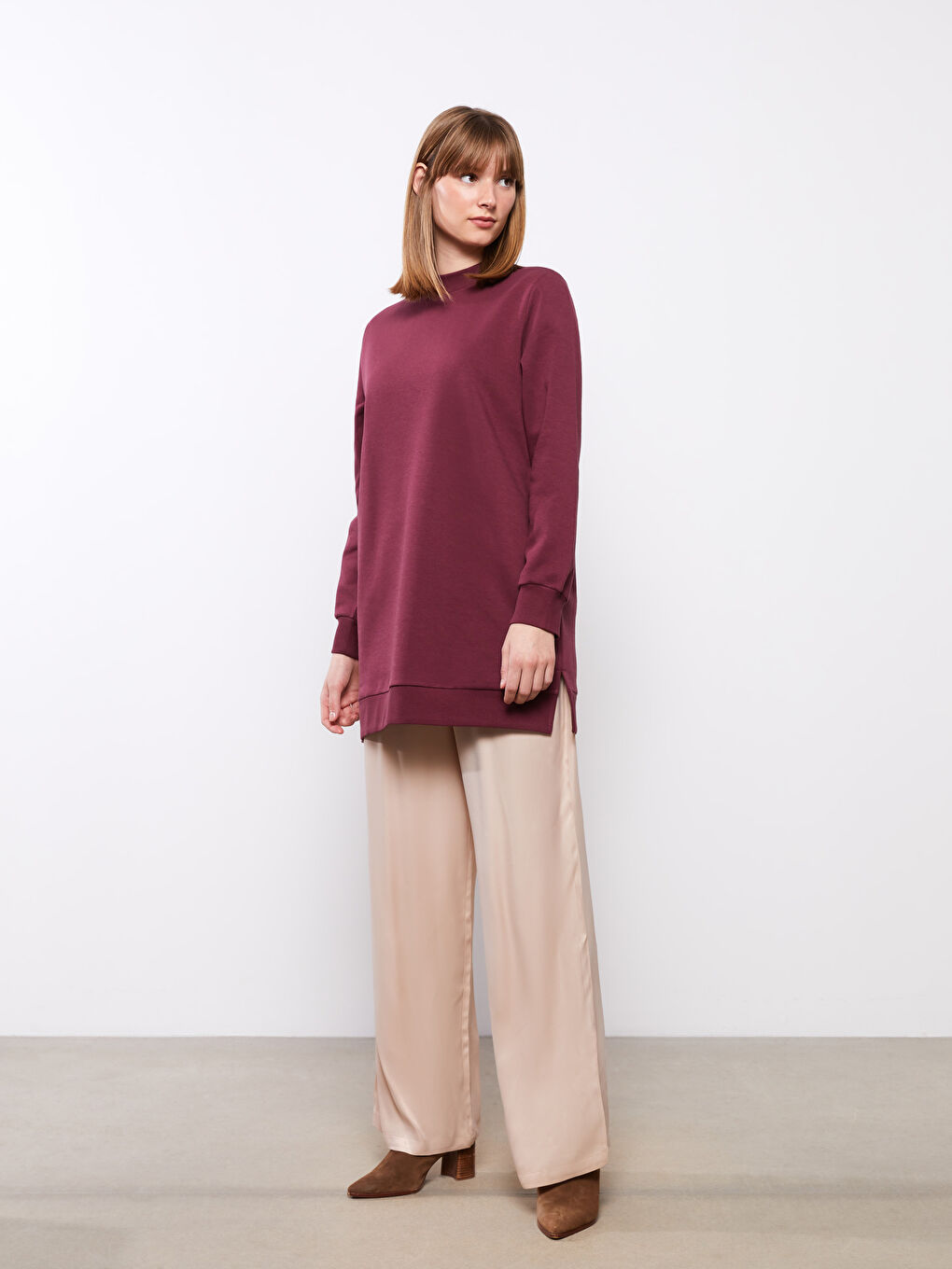Bordo Dik Yaka Kadın Kalın Sweatshirt Tunik-2
