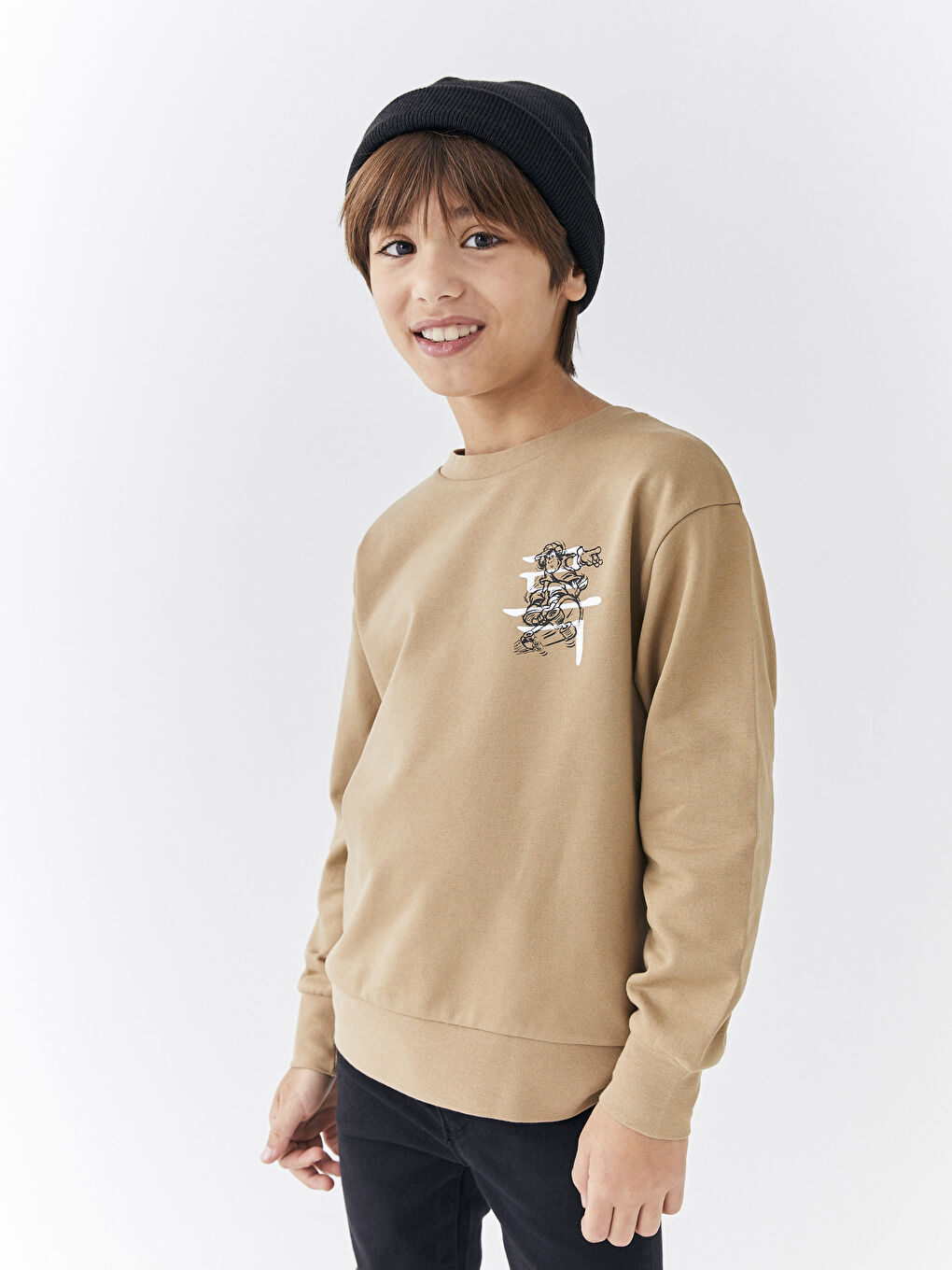 Bej Bisiklet Yaka Nostaljik Maymun Baskılı Uzun Kollu Erkek Çocuk Sweatshirt