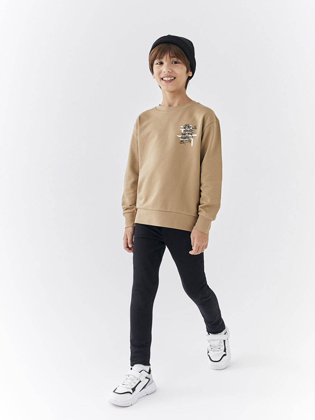 Bej Bisiklet Yaka Nostaljik Maymun Baskılı Uzun Kollu Erkek Çocuk Sweatshirt-3