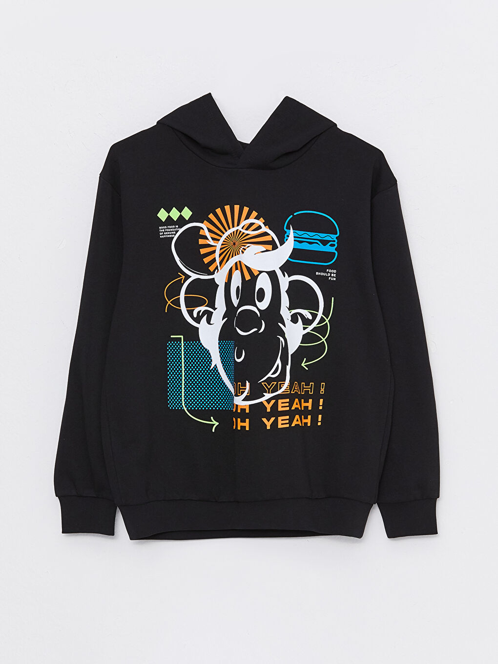 Siyah Kapüşonlu Nostaljik Maymun Baskılı Uzun Kollu Erkek Çocuk Sweatshirt