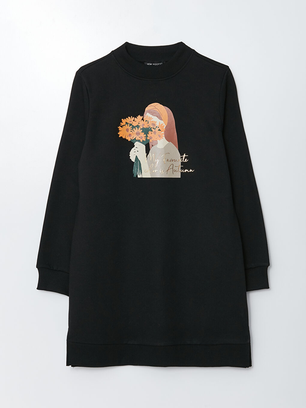 Siyah Dik Yaka Baskılı Uzun Kollu Kadın Sweatshirt Tunik-5