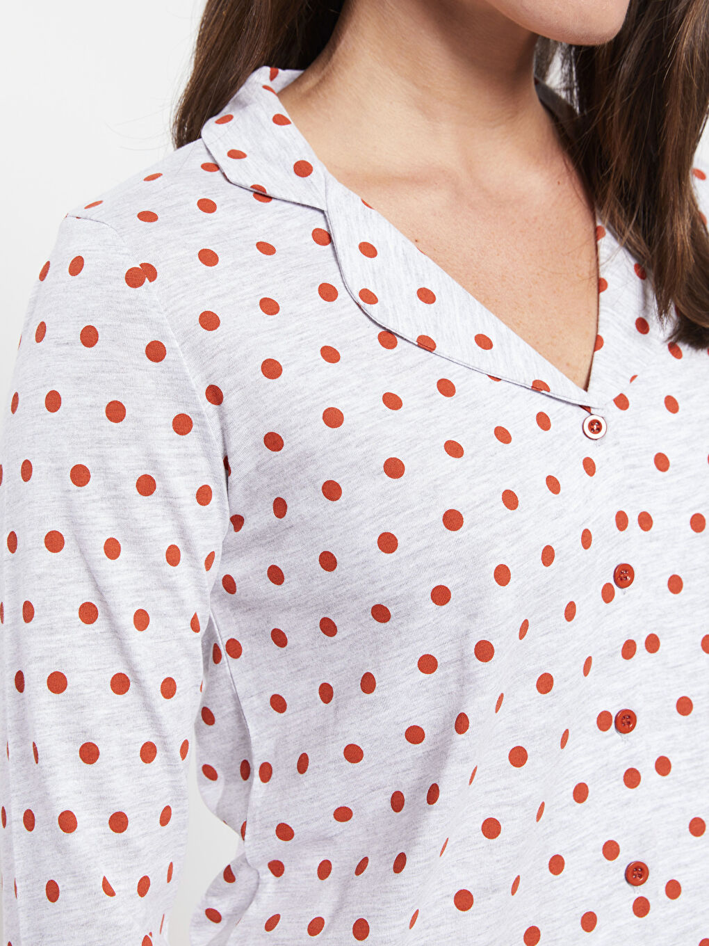Gri Gömlek Yaka Puantiyeli Uzun Kollu Kadın Pijama Takımı-3