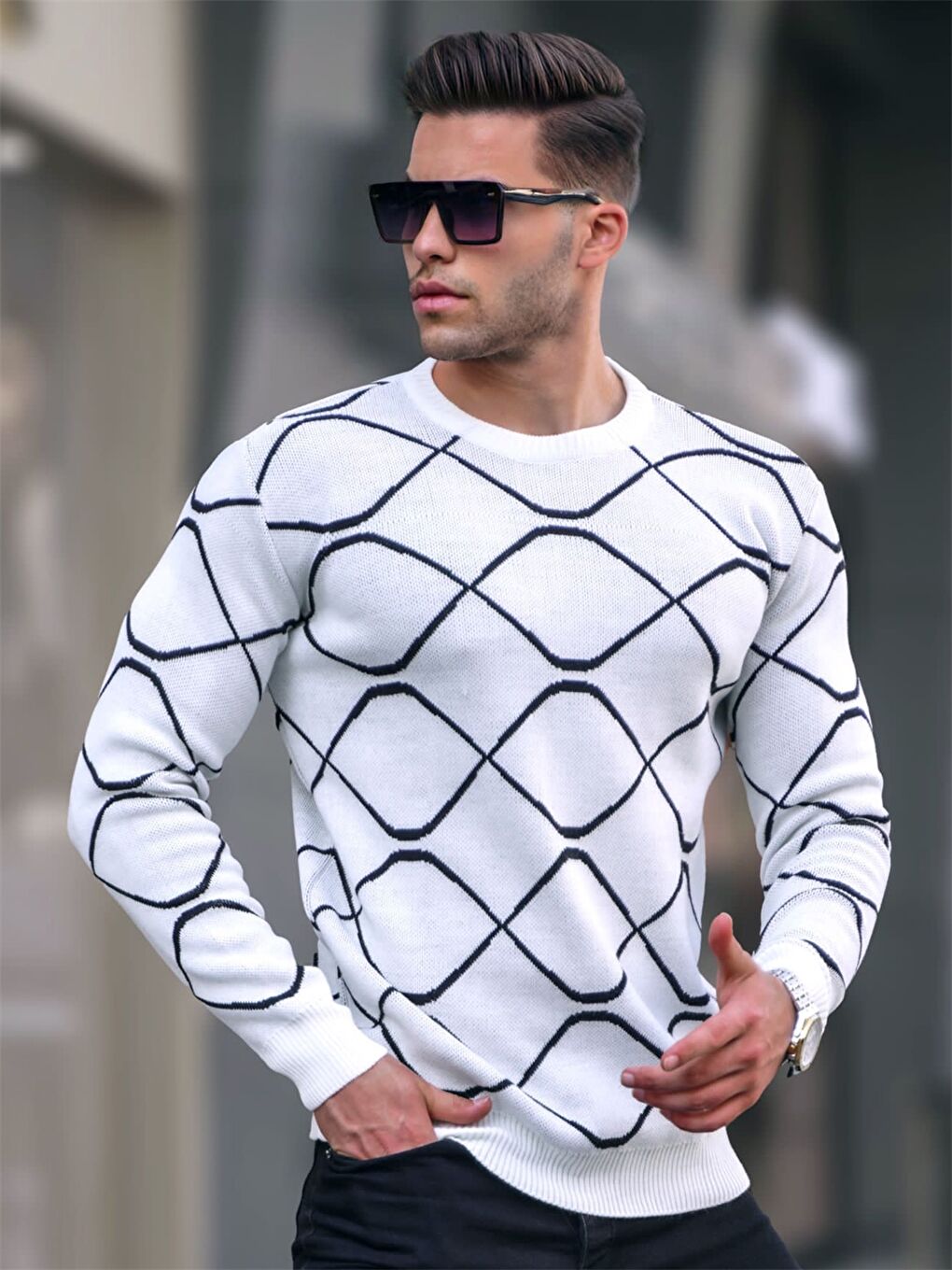 Beyaz Bisiklet Yaka Uzun Kollu Desenli Erkek Triko Kazak