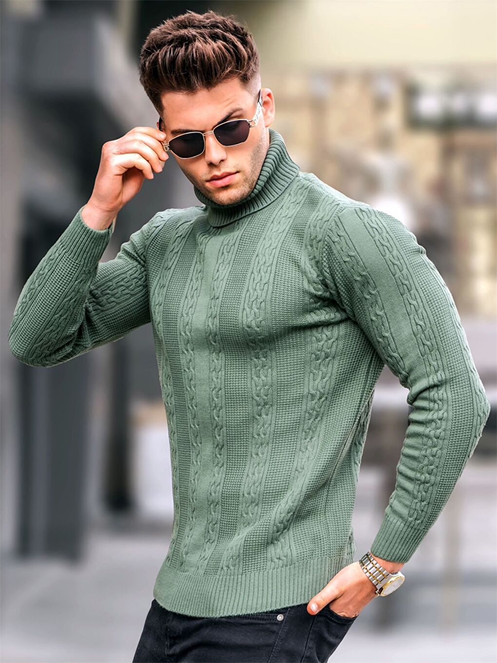 Petrol Balıkçı Yaka Uzun Kollu Kendinden Desenli Erkek Triko Kazak