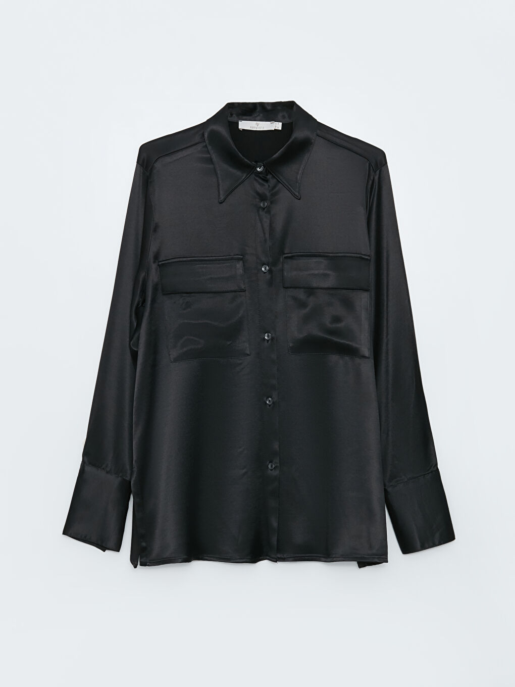 Siyah Önden Düğme Kapamalı Uzun Kollu Saten Kadın Gömlek-6