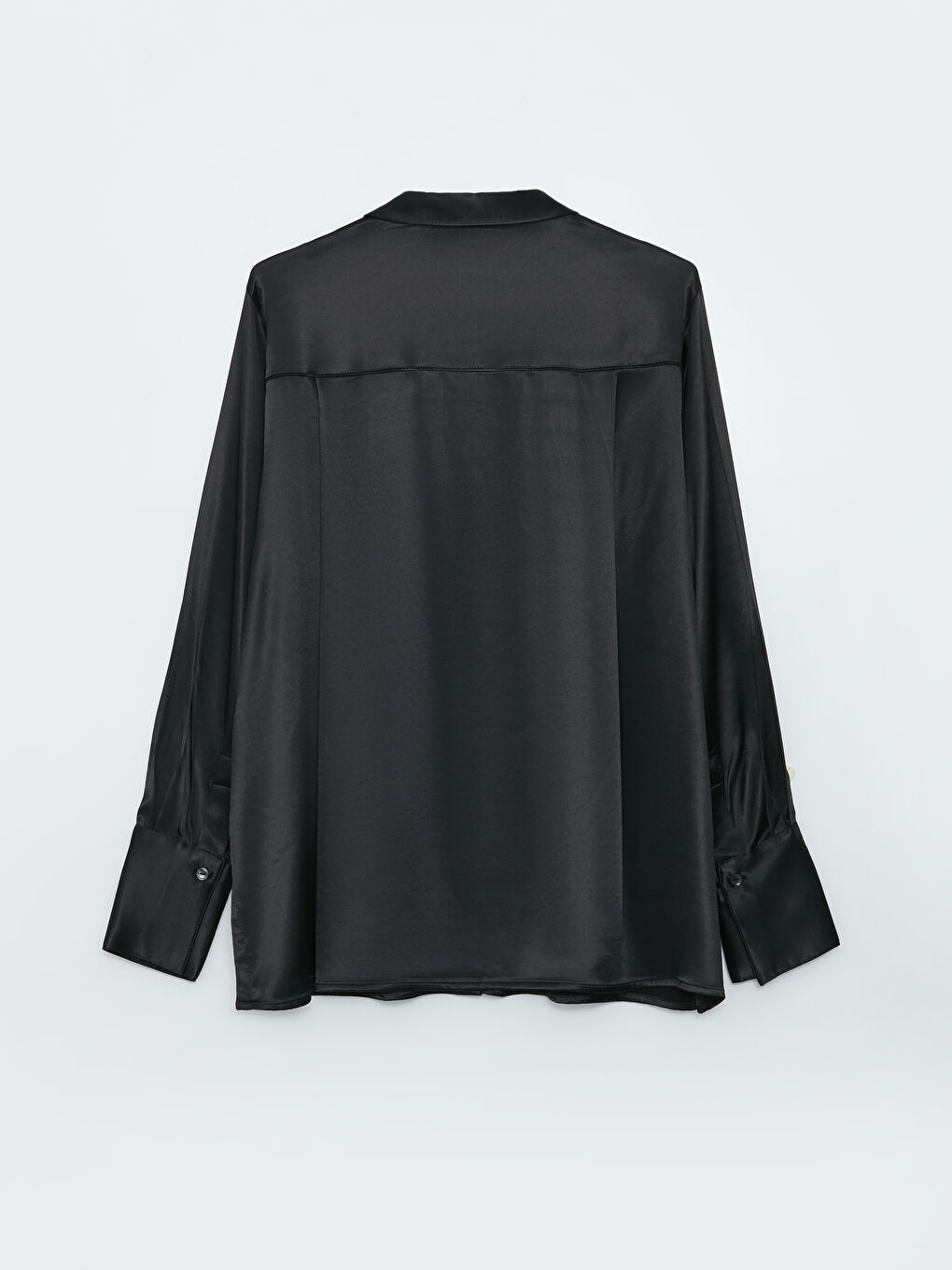 Siyah Önden Düğme Kapamalı Uzun Kollu Saten Kadın Gömlek-7