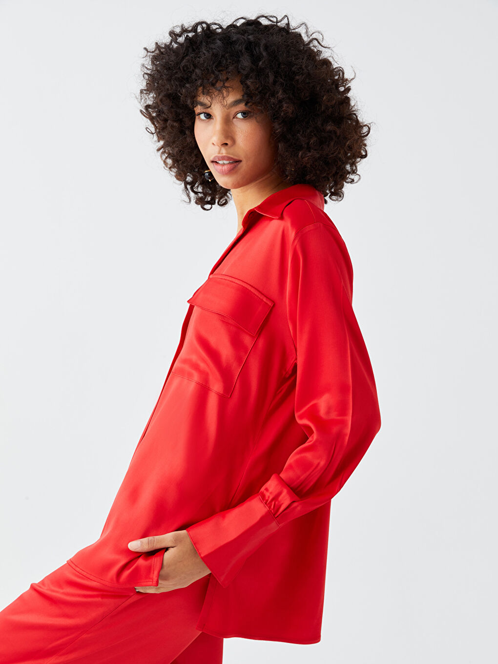 Turuncu Önden Düğme Kapamalı Uzun Kollu Saten Kadın Gömlek-1