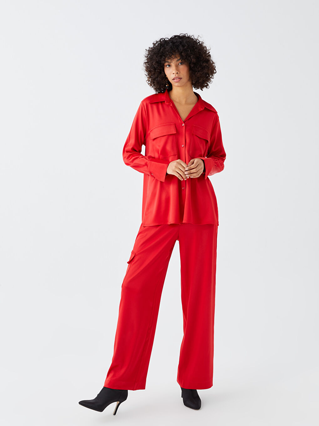 Turuncu Önden Düğme Kapamalı Uzun Kollu Saten Kadın Gömlek-2